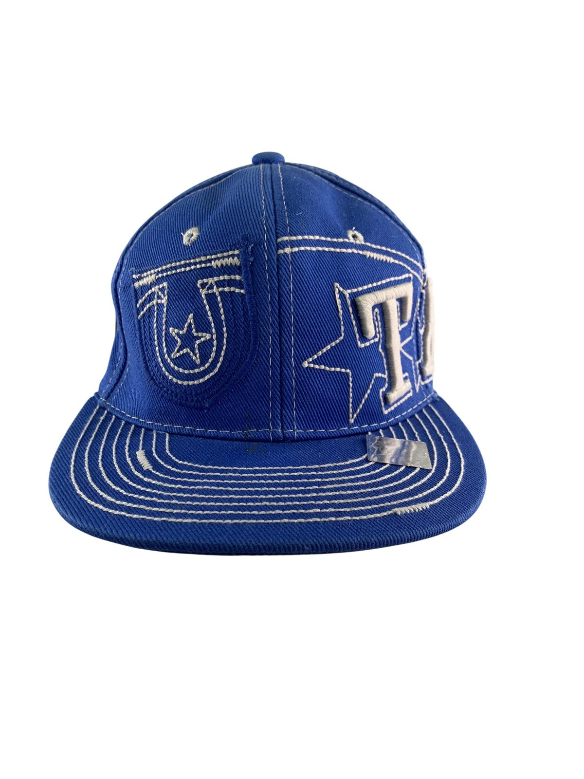 Texas TX Hat Cap Fitted Mens Small Blue White Embroidered Stars Horseshoe 100