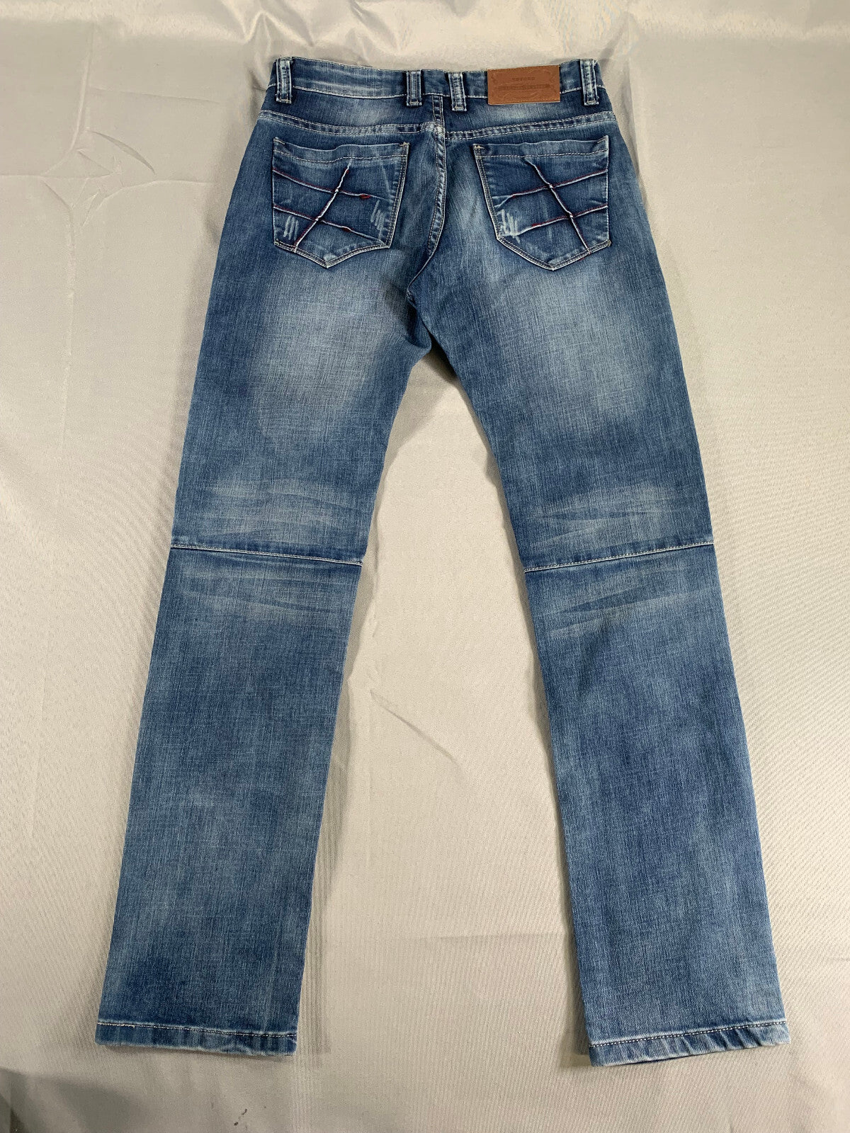 Yutong Jeans Mens 29x32 Slim Straight Fit Blue Moto Style Denim Distressed Wash