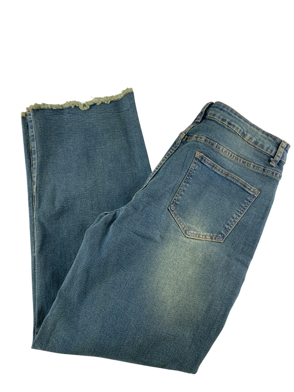 PEIHOT Women XL Straight Leg Jeans High Rise Stretch Frayed Hem Blue Denim NWT