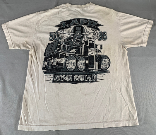 Vintage LAPD Bomb Squad 50 86 Graphic T-Shirt Police Truck Tee White Single Stit