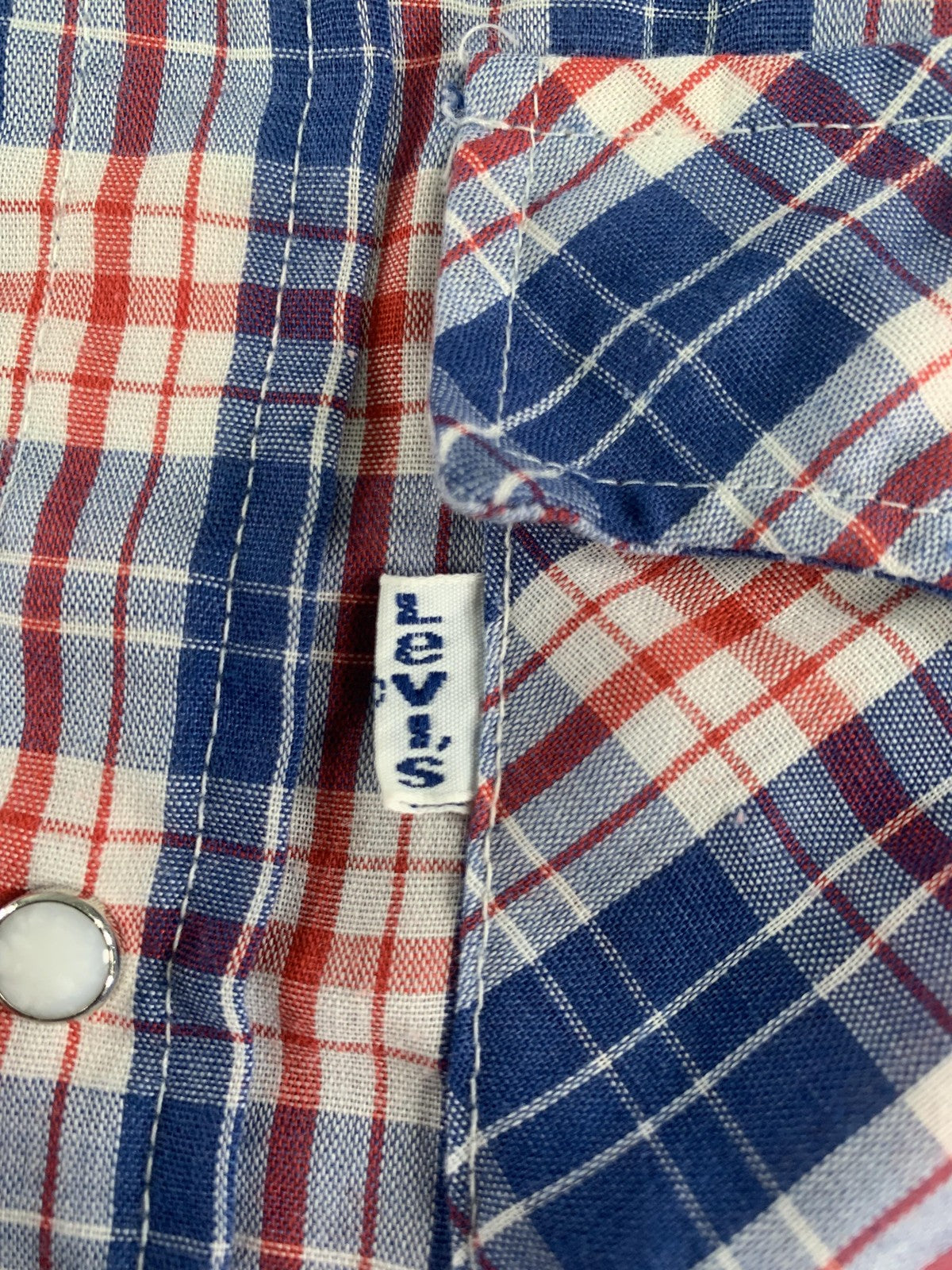 VINTAGE Levis Shirt Boys 3T Blue Red Plaid Western Pearl Snap Made in USA 90s