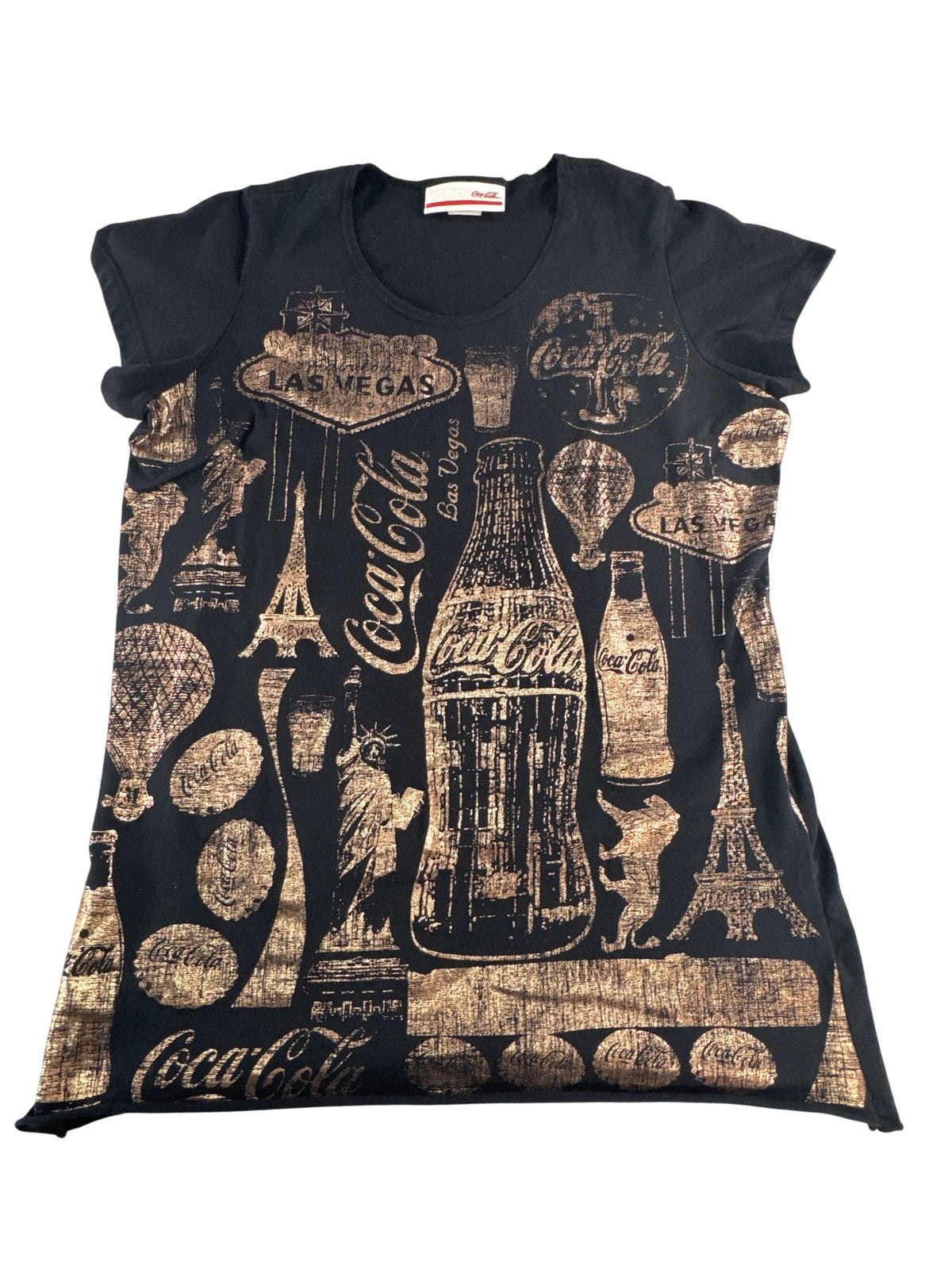 Coca-Cola Shirt Womens XL Black Gold USA Landmark Print Hot Air Balloon Tee Top