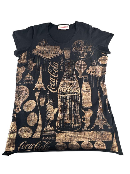 Coca-Cola Shirt Womens XL Black Gold USA Landmark Print Hot Air Balloon Tee Top