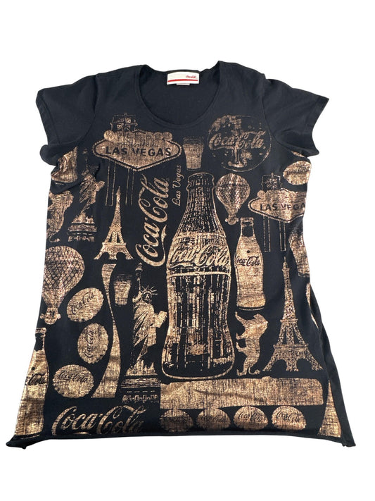 Coca-Cola Shirt Womens XL Black Gold USA Landmark Print Hot Air Balloon Tee Top