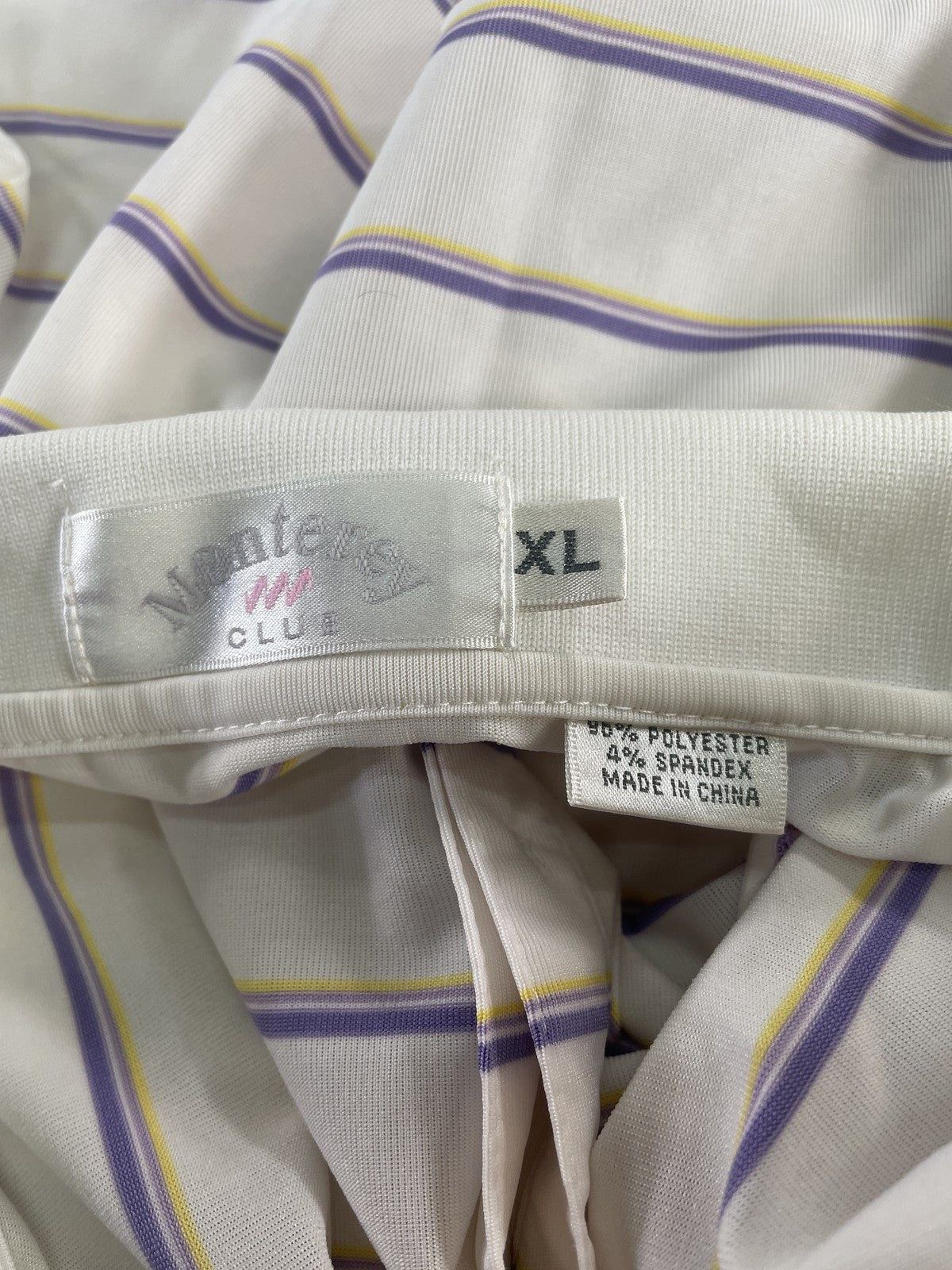 Monterey Club Polo Shirt Mens XL White Purple Striped Golf Palm Strikers CC Logo