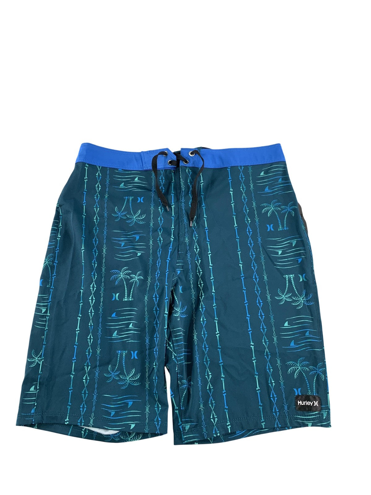 Hurley Boardshorts Boys 18/29 Midnight Teal Palm Tree Swim Trunks Drawstring on
