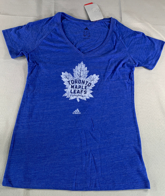 Adidas NHL Toronto Maple Leafs Shirt L Blue V-Neck Tri-Blend Logo Tee WMN NWT