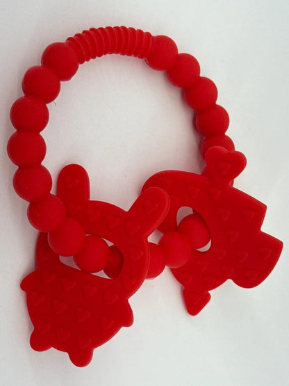 Silicone Baby Teething Toys Red Heart Bunny Ring Chew Rattle BPA-Free Soft