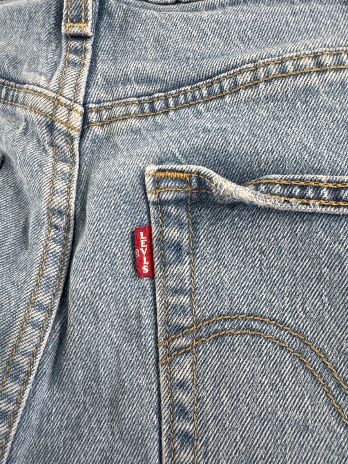 Levis Ribcage Shorts Womens 33 Blue Denim Distressed High Rise Button Fly 5275