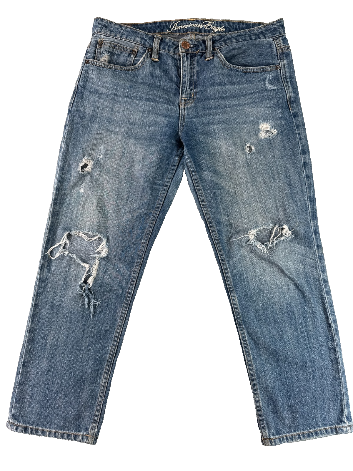 American Eagle Jeans Womens 8 Distressed Destroyed Cropped Medium Wash Boyfriend