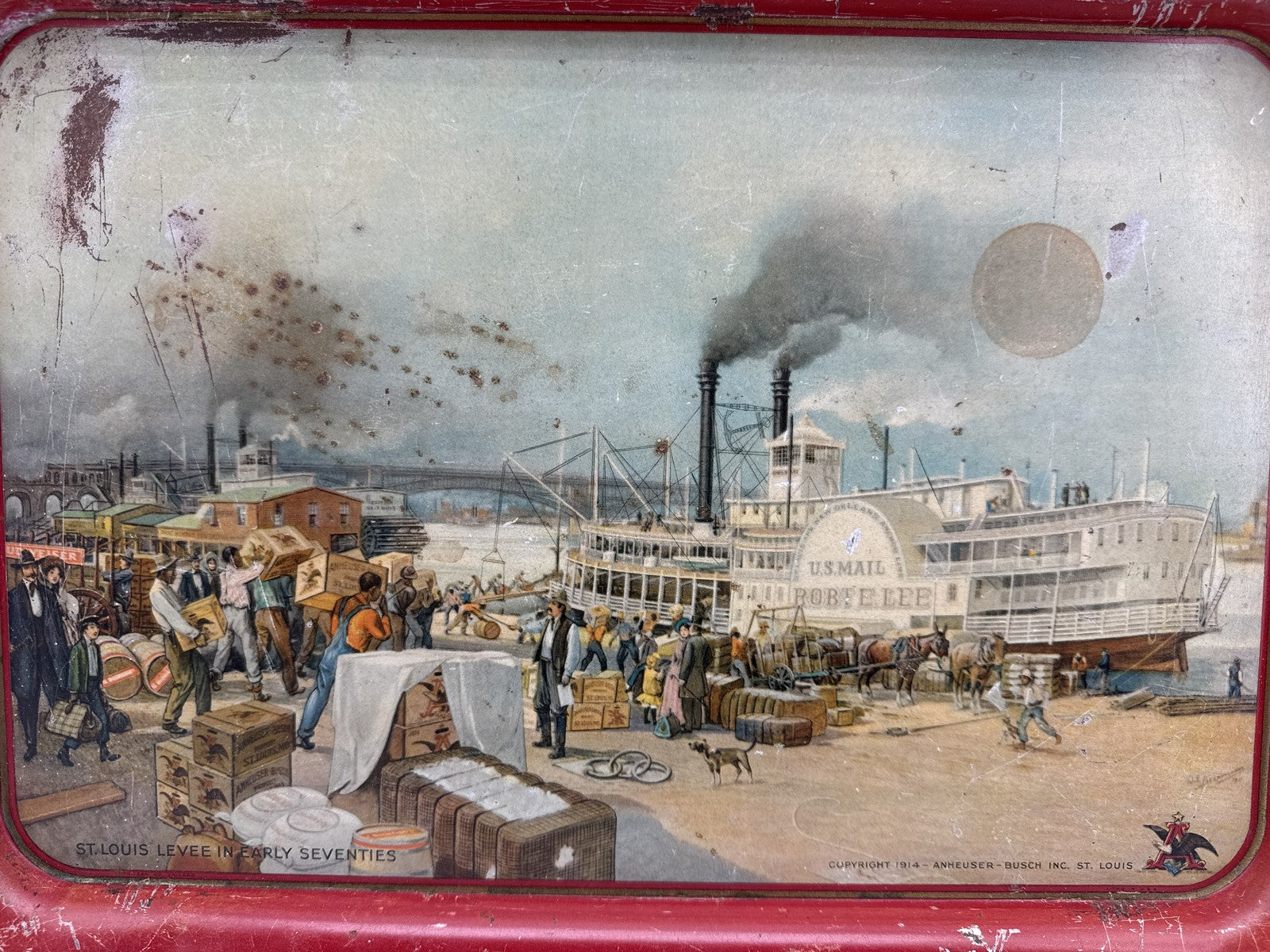 BUDWEISER ST. LOUIS LEVEE ROBERT E. LEE STEAMBOAT 1914 SERVING TRAY 1930s