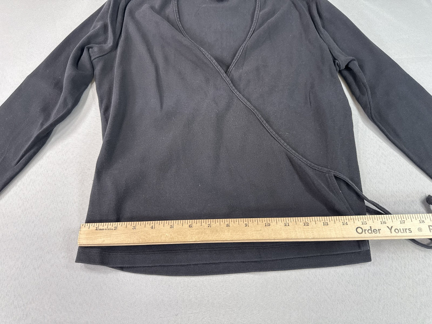Ann Taylor Wrap Top M Long Sleeve Neck Black 100% Cotton Faux Stretch Solid
