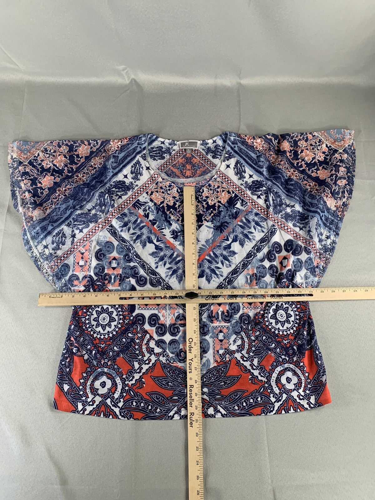 JM Collection Shirt Womens XL Blue Red Paisley Boho Top Short Sleeve Lightweight
