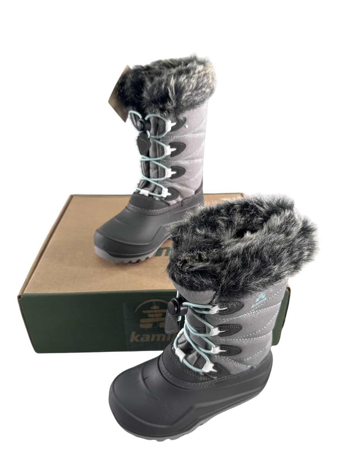 Kamik Snowangel Boots Kids Size 12 Charcoal Red Insulated Faux Fur Made USA