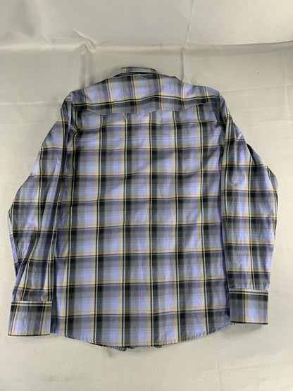 BJR Ranch Wear Shirt Mens Medium Blue Yellow Plaid Western Pearl Snap Cowboy 55