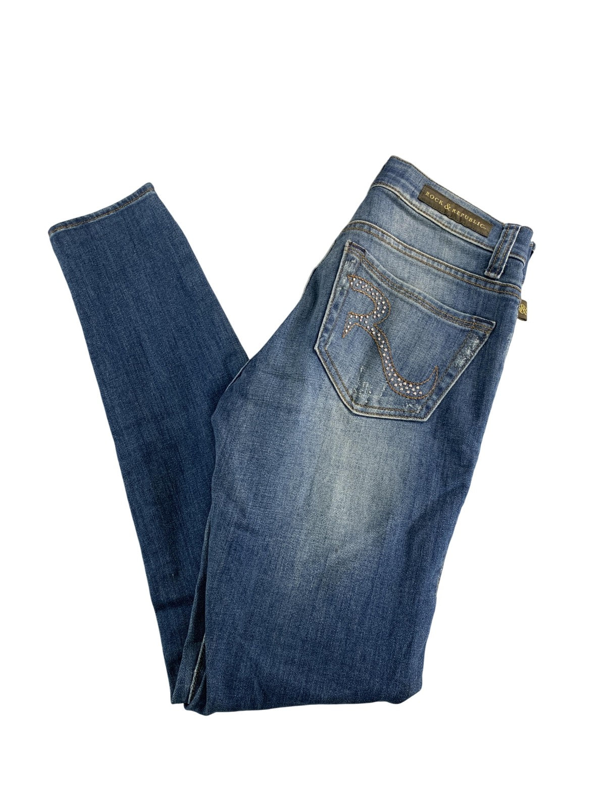 Rock & Republic Jeans Womens 0 Blue Skinny Distressed Stretch Denim Rhinestone