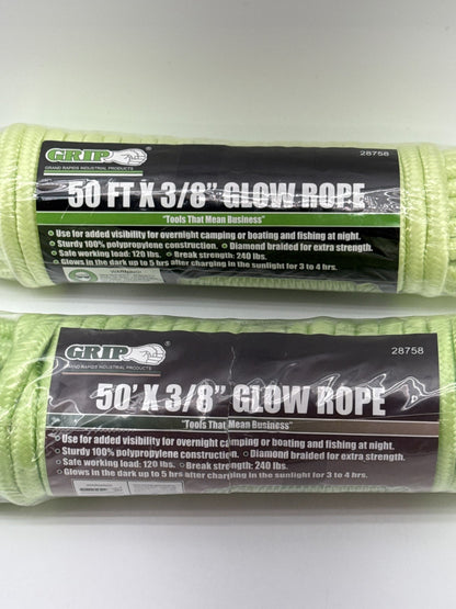 Grip Glow Rope 50FT 3/8 Polypropylene Green Glow In Dark Camping Boat Lot 2