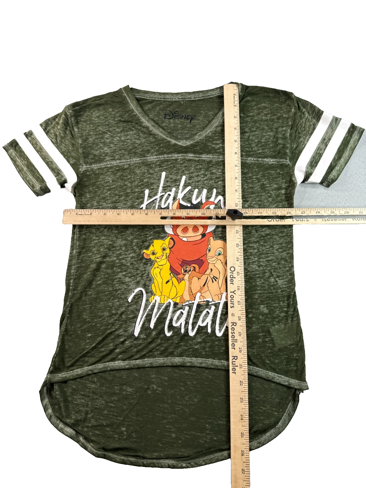 Disney Lion King Hakuna Matata Womens S Olive Green Burnout V-Neck Varsity Tee