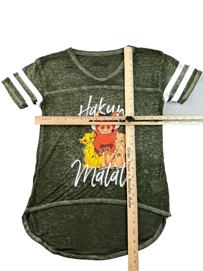 Disney Lion King Hakuna Matata Womens S Olive Green Burnout V-Neck Varsity Tee