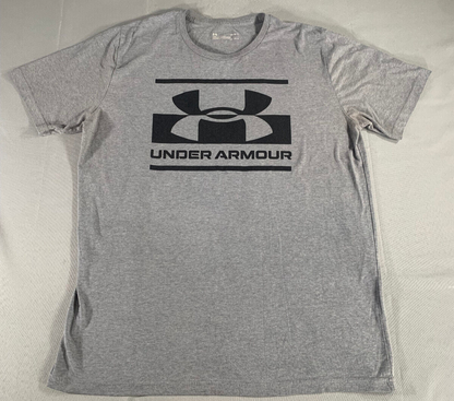 Under Armour HeatGear T-Shirt Mens L Gray Black Logo Loose Fit Short Sleeve Gym