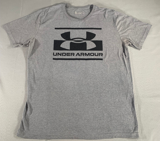 Under Armour HeatGear T-Shirt Mens L Gray Black Logo Loose Fit Short Sleeve Gym
