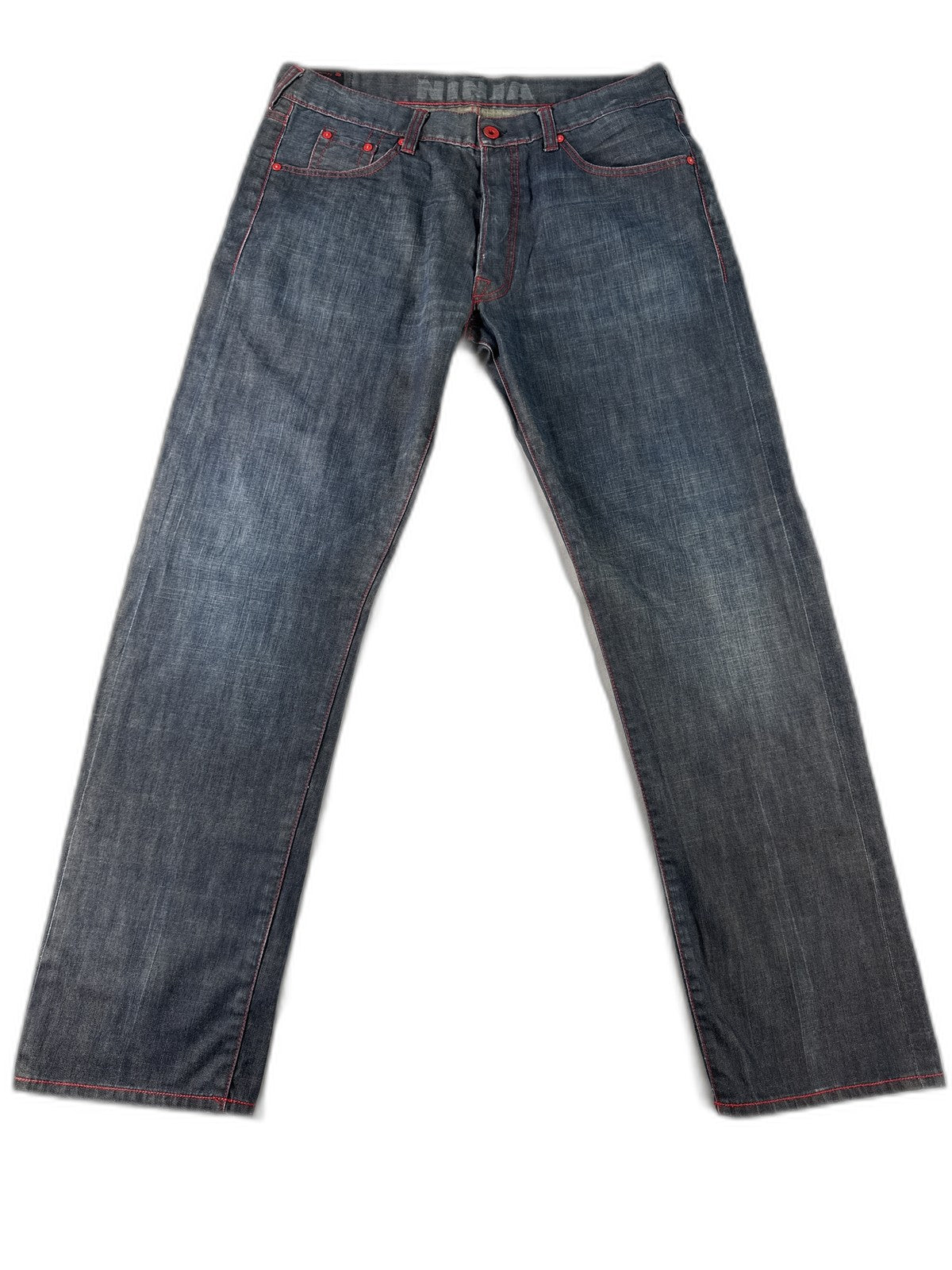 EVISU Classic Straight Leg Jeans 36 Blue 100% Cotton Faded Look Red Denim