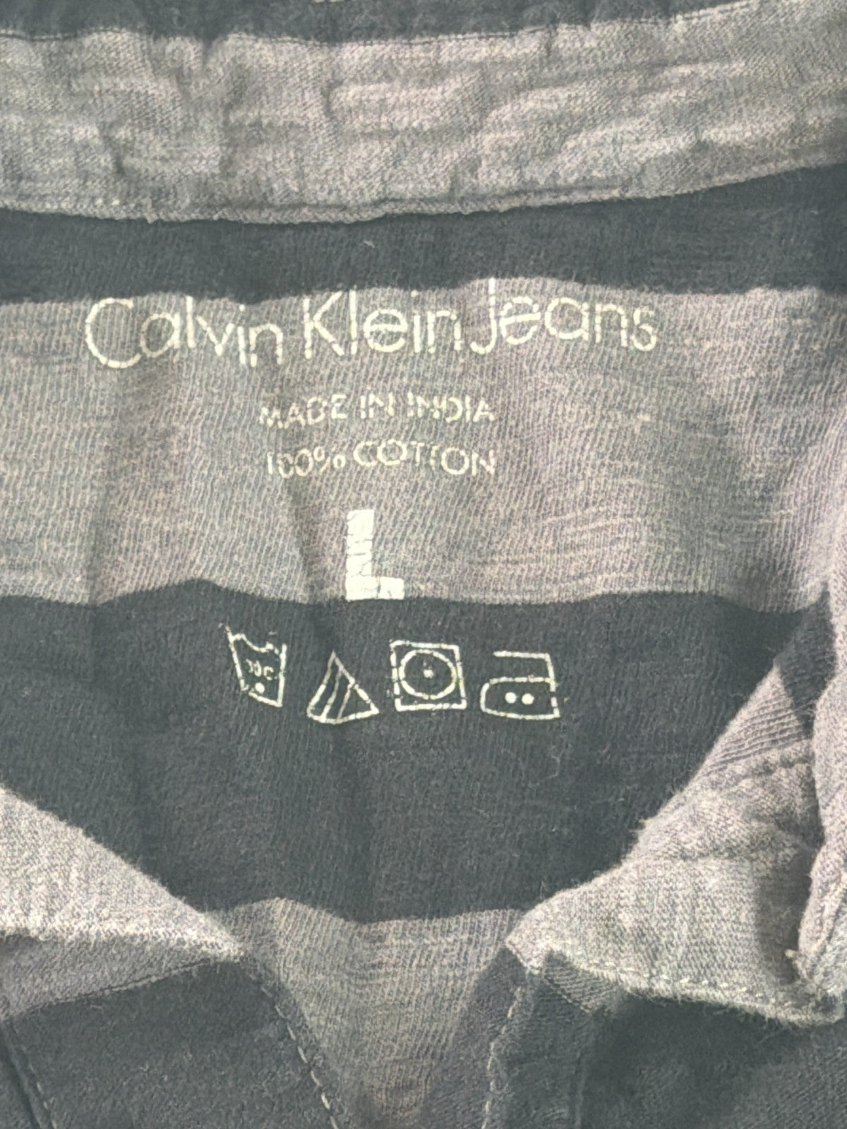 Calvin Klein Jeans Mens Large Gray Black Stripe Polo Shirt Cotton Slub Texture