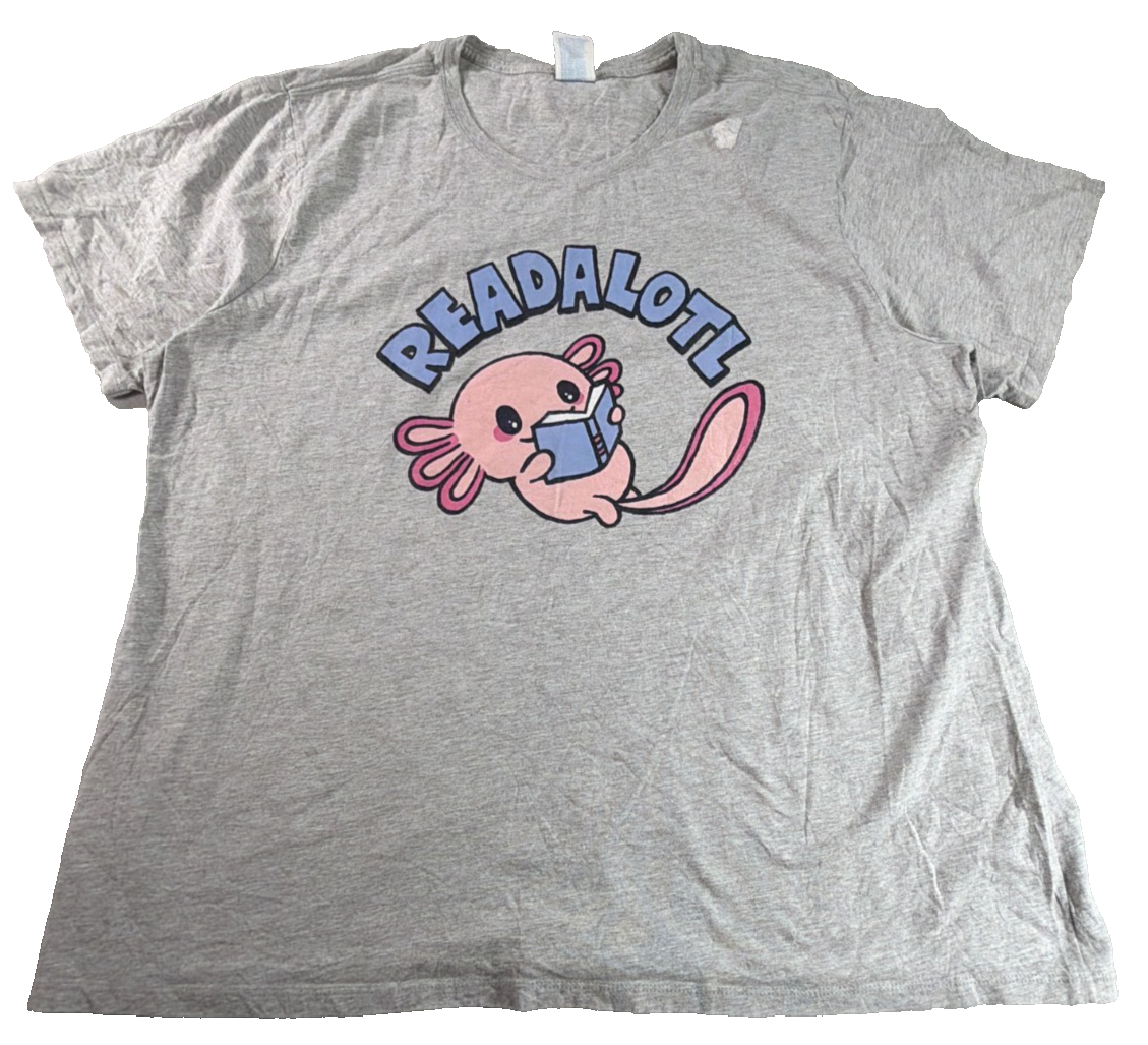 Readalotl Axolotl Reading Book Graphic Tee Womens 3XL Gray Port Company Kawaii