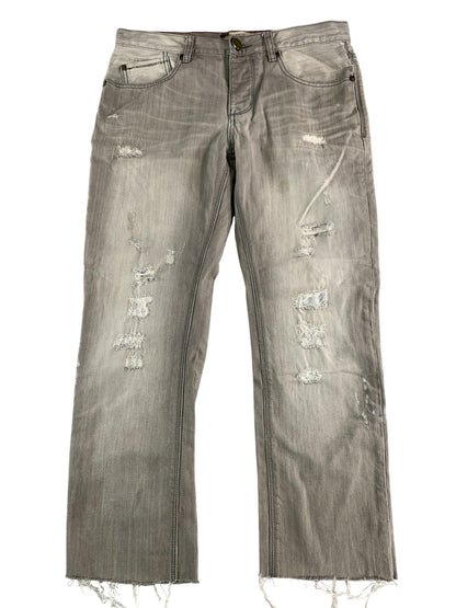 Cohesive & Co Jeans Mens 34x31 Gray Distressed Straight Leg Button Fly Raw Edge