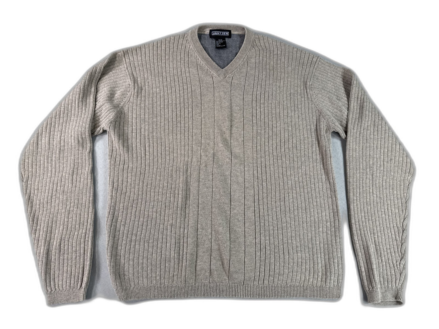 JANTZEN Ribbed V Sweater M M/M Beige 100% COMBED COTTON Regular Fit Long