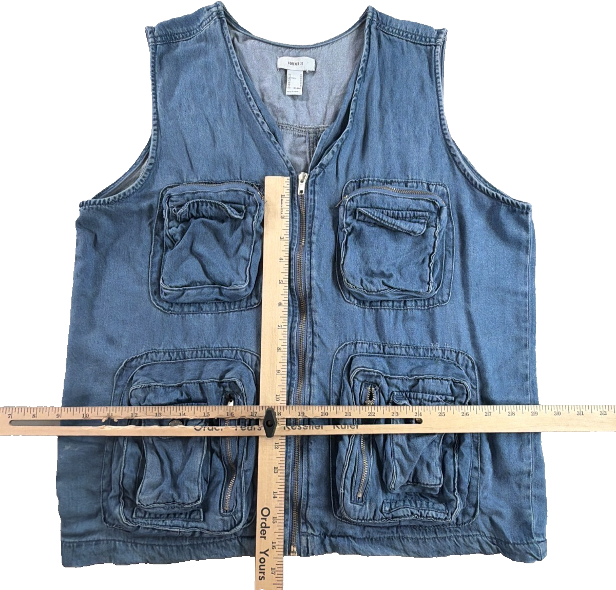 Forever 21 Denim Cargo Utility Vest Multi Pocket Zip Front Y2K Streetwear M