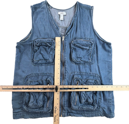 Forever 21 Denim Cargo Utility Vest Multi Pocket Zip Front Y2K Streetwear M