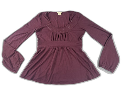Michael Kors Long Sleeve Scoop Neck Stretch Top Womens M Burgundy Polyester Gold