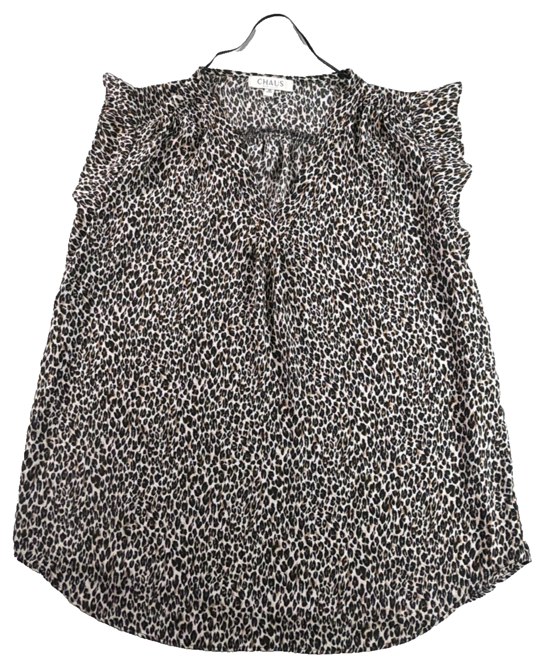 Chaus New York Leopard Print Ruffle Sleeve Blouse Women Medium V Neck Sleeveless