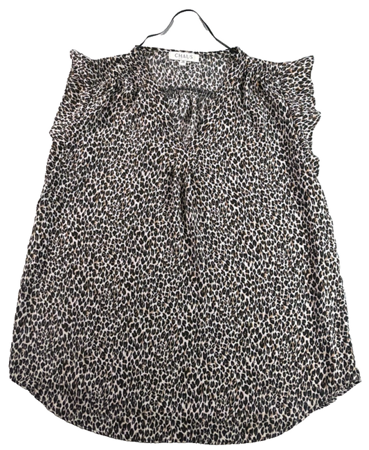 Chaus New York Leopard Print Ruffle Sleeve Blouse Women Medium V Neck Sleeveless