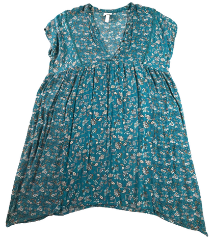 Knox Rose Floral Babydoll Tunic Top Teal Blue Boho V-Neck Cap Sleeve Small NWT