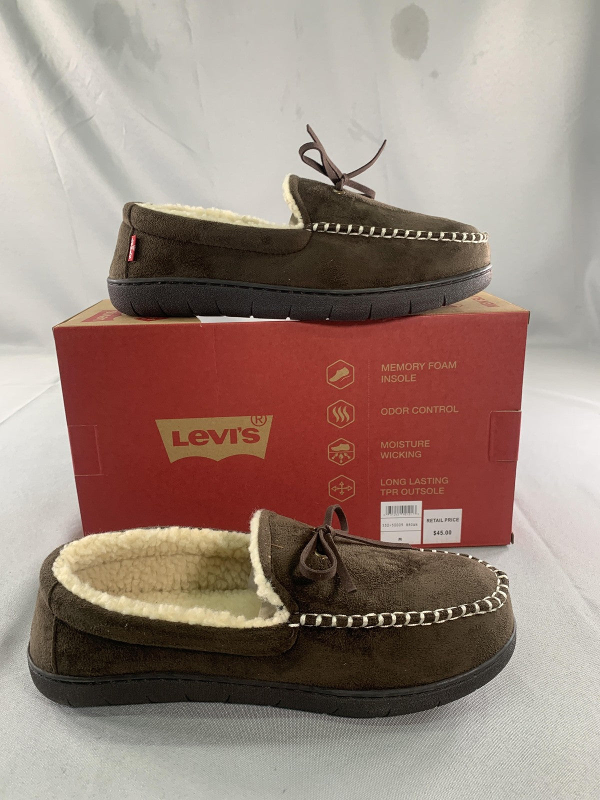 Levis Moccasin Slippers Mens Size 8-9 Brown Memory Foam House Shoes 530-50009
