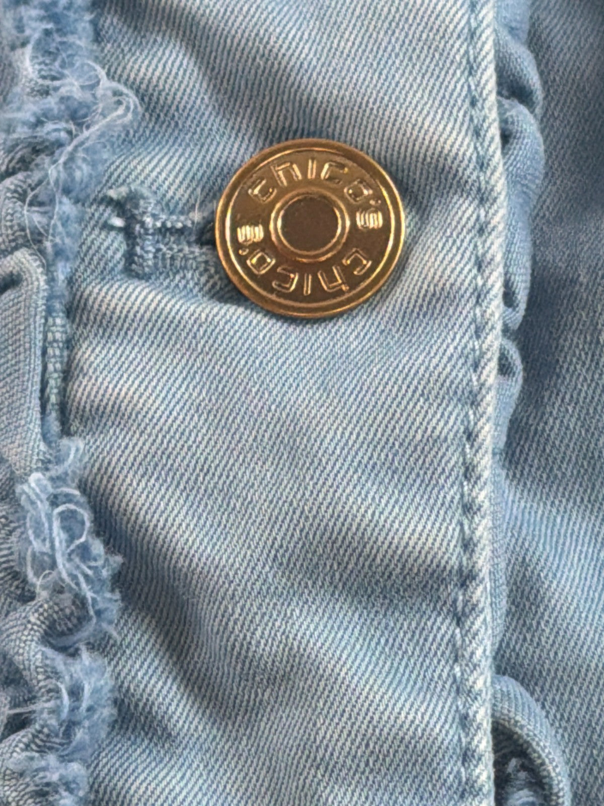 Chico's Womens Denim Jacket Sz 2 L Powder Blue Stretch Frayed Trucker Jean Coat