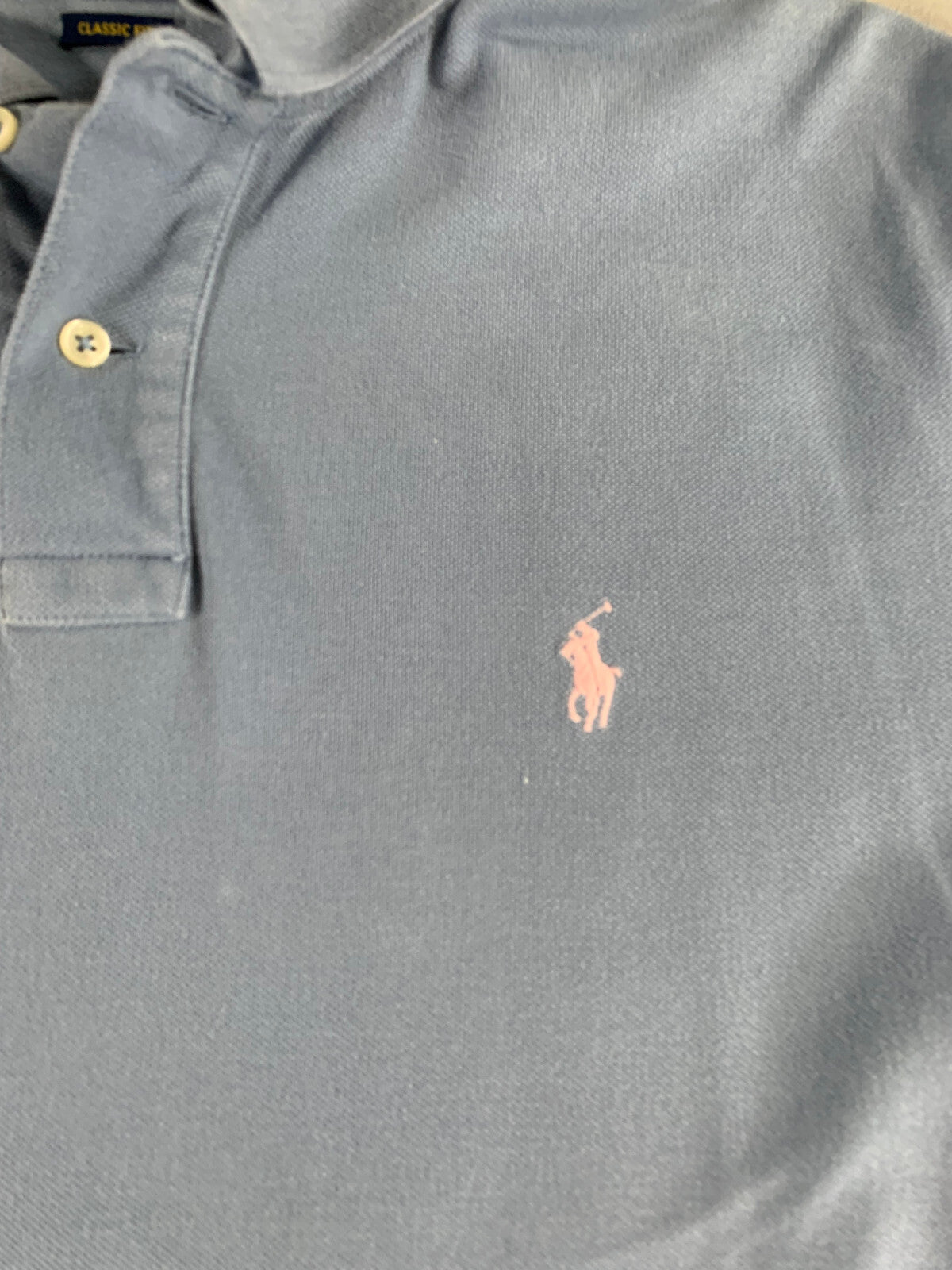 Polo Ralph Lauren XL Blue Polo Shirt Classic Fit Pink Pony Logo Mens Cotton Tee