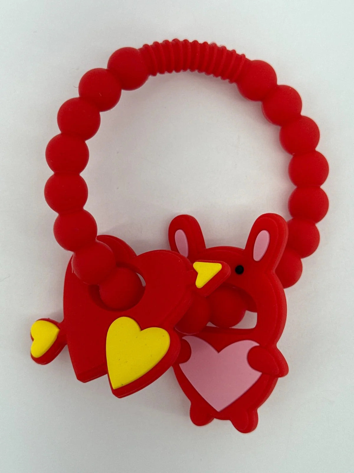 Silicone Baby Teething Toys Red Heart Bunny Ring Chew Rattle BPA-Free Soft