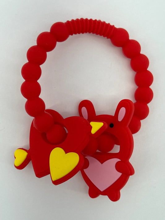 Silicone Baby Teething Toys Red Heart Bunny Ring Chew Rattle BPA-Free Soft