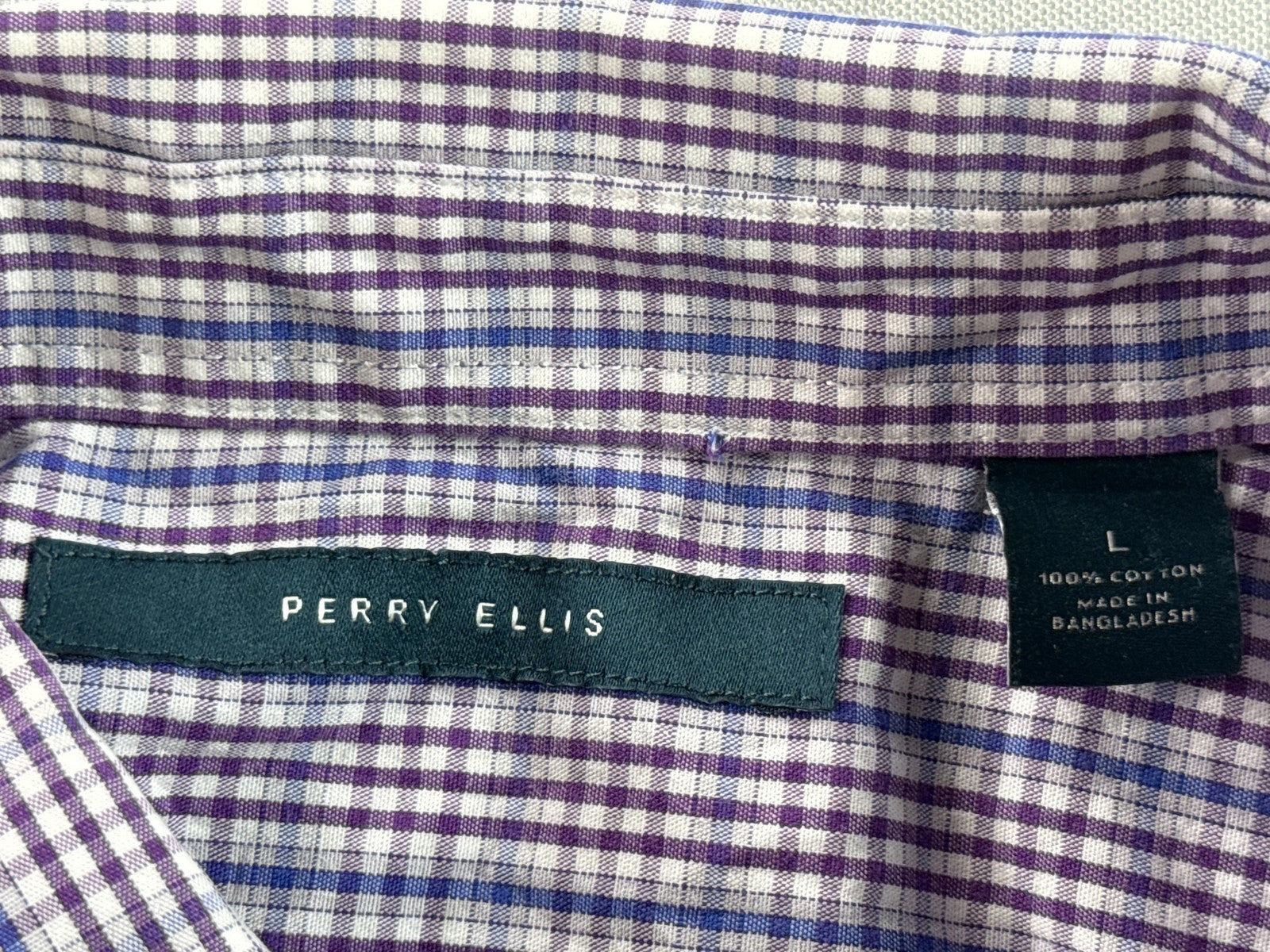 Perry Ellis Button Down Shirt Mens L Blue Checkered Cotton Short Sleeve Slim Fit