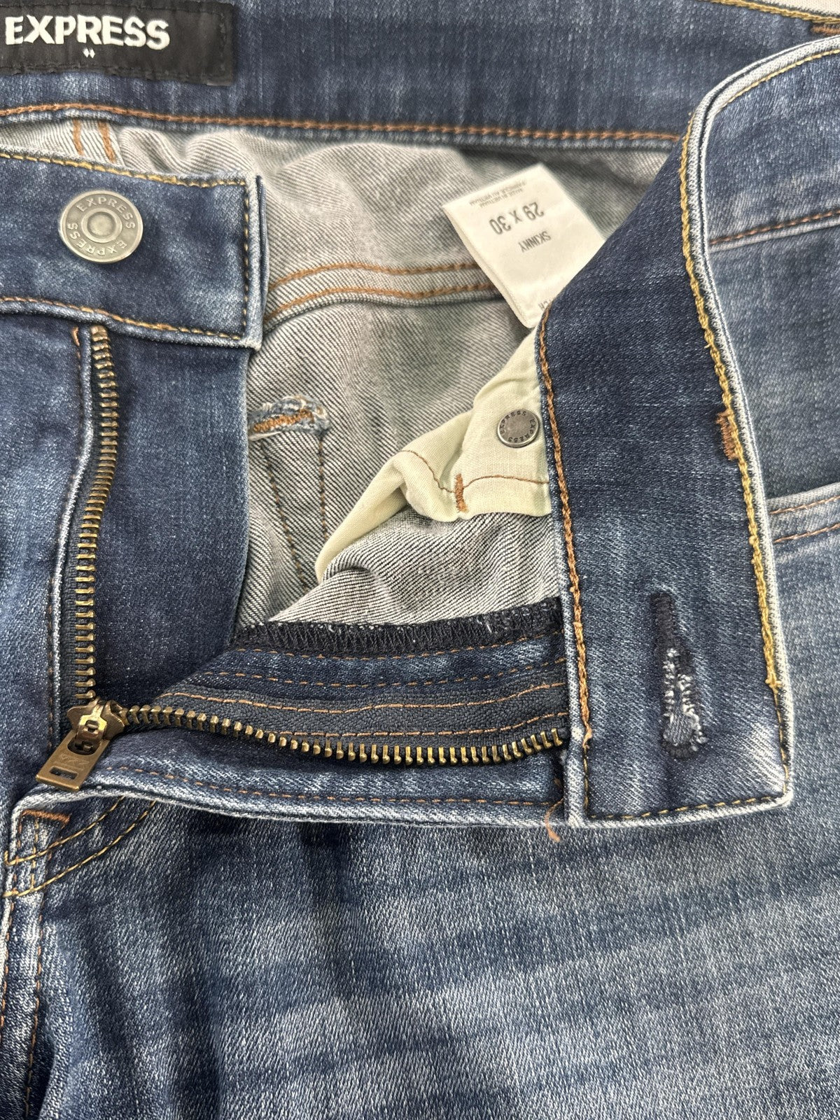 Express Jeans Mens 29x30 Blue Skinny Hyper Stretch Denim Medium Wash Pants Red