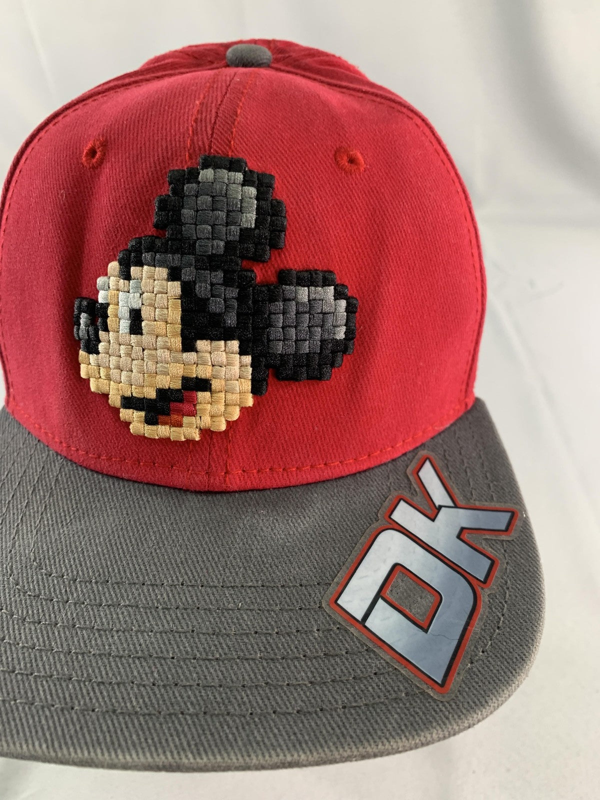 Mickey Mouse Hat Cap Snap Back Red Gray Pixel Embroidered Disney Parks Youth 100