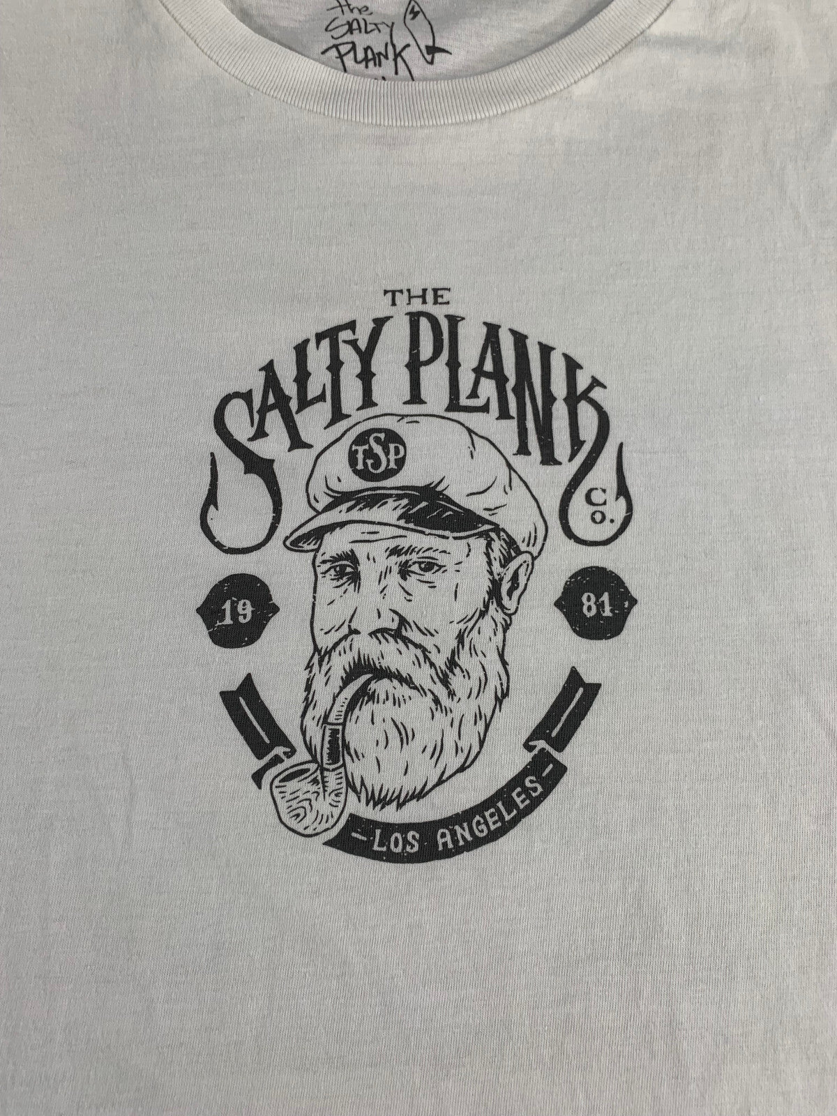 Salty Plank Los Angeles White T-Shirt Graphic Surf Captain Cotton Tee Size M USA