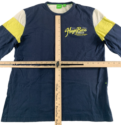 Hugo Boss Green Men's Small Long Sleeve Tee Navy Colorblock Yellow Est 1997