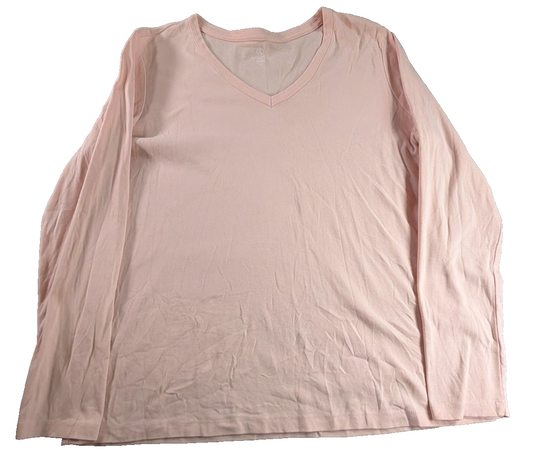 Lands End Shaped Womens XL Pink Blush V-Neck Long Sleeve Cotton Tee Shirt Top