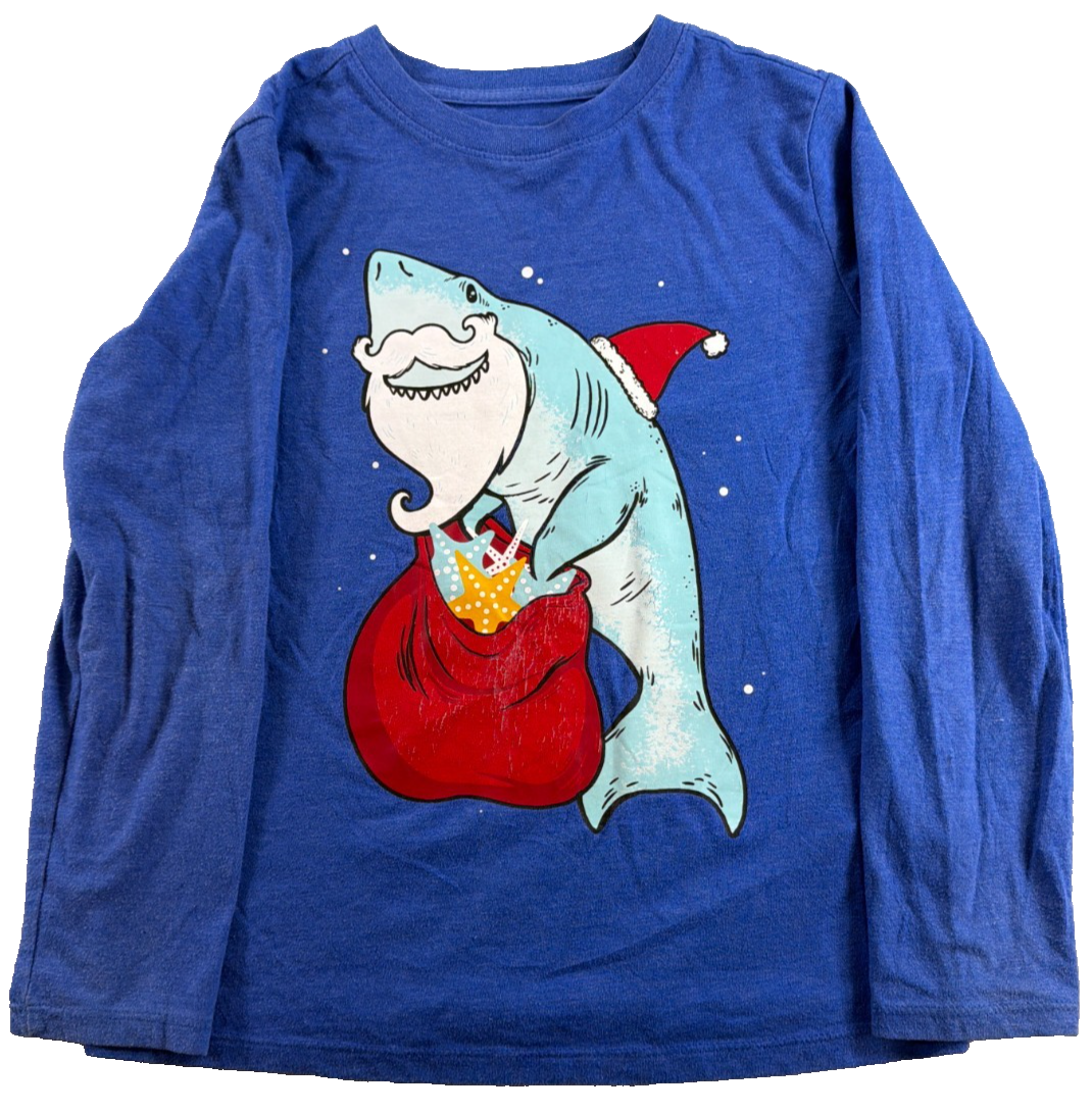 Santa Shark Christmas Cat Jack Boys Long Sleeve Blue Graphic Tee Holiday S 6 7