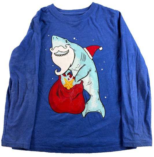 Santa Shark Christmas Cat Jack Boys Long Sleeve Blue Graphic Tee Holiday S 6 7