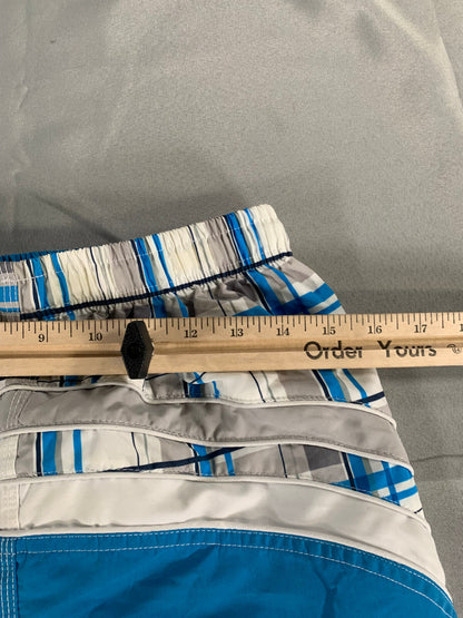 SeaWorld Swim Trunks XL Blue Gray Plaid Board Shorts Mesh Lined 18" Outseam